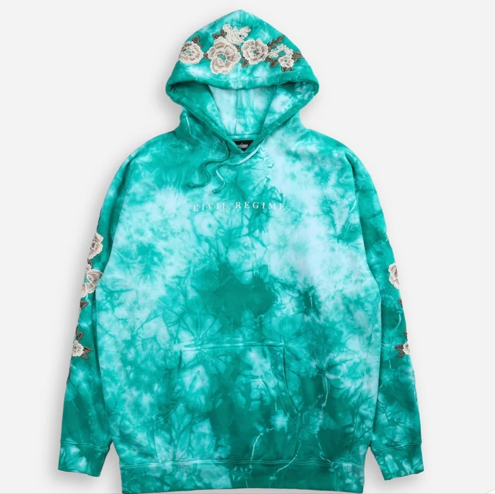 CIVIL REGIME (WHITE) ROSES HOODIE IN AQUA WASH